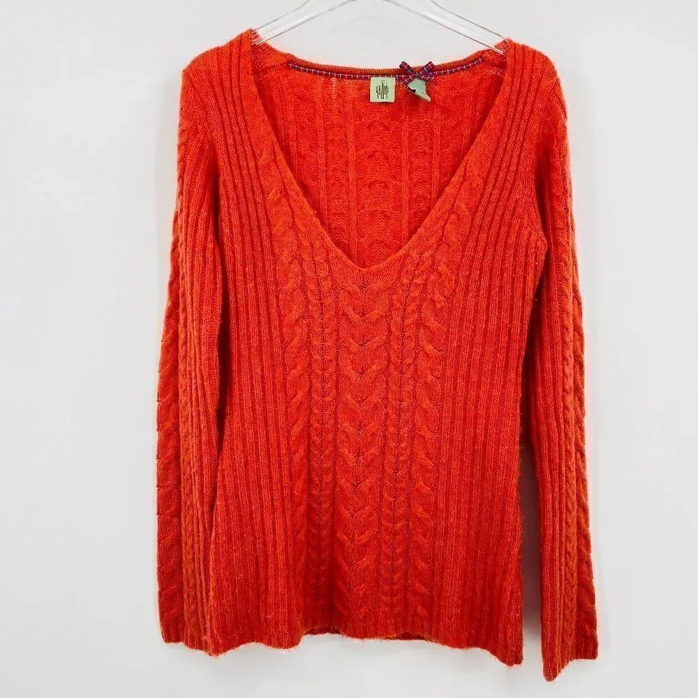 HWR Monogram Anthropologie Size Medium Orange Thin Knit V Neck Wool Sweater